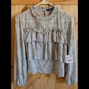 Zara Medium Ruffle detail, Embroidered top. NWT